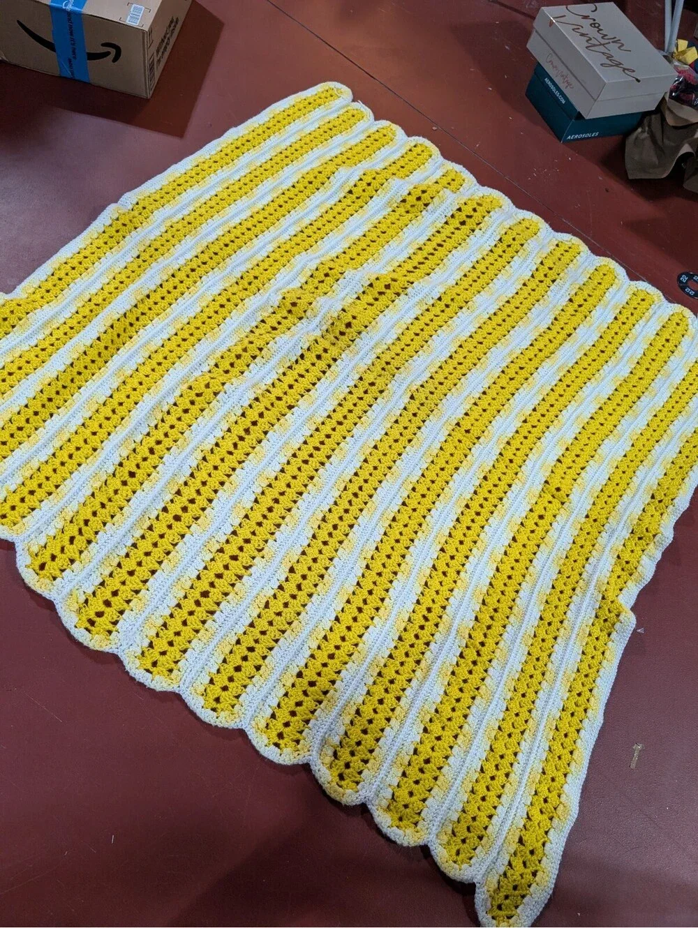 Vintage Handmade Yellow and White Crochet Blanket